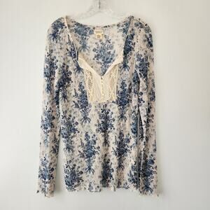 Denim & Supply Ralph Lauren Embroidered Mesh Top Womens XL Tan Blue Coastal Boho